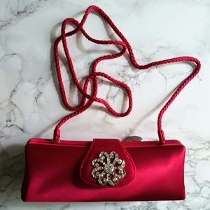 Red Satin Evening Bag Clutch Silver Rhinestone